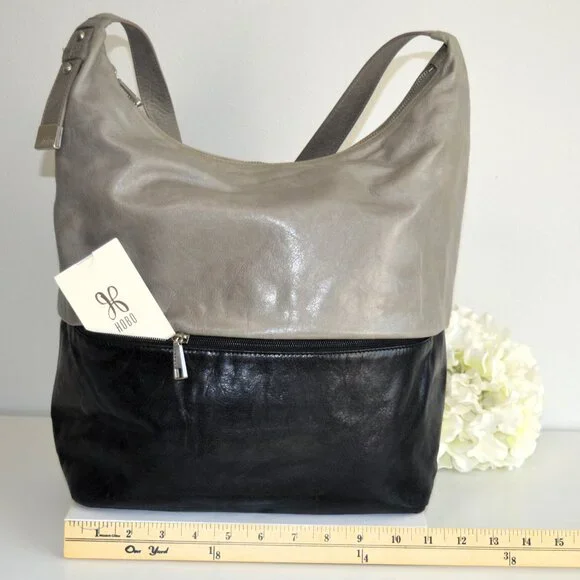 đź–¤ HOBO Joyce Style Shoulder Bag Two-Tone Leather Stone/Gray & Black - Picture 6 of 14